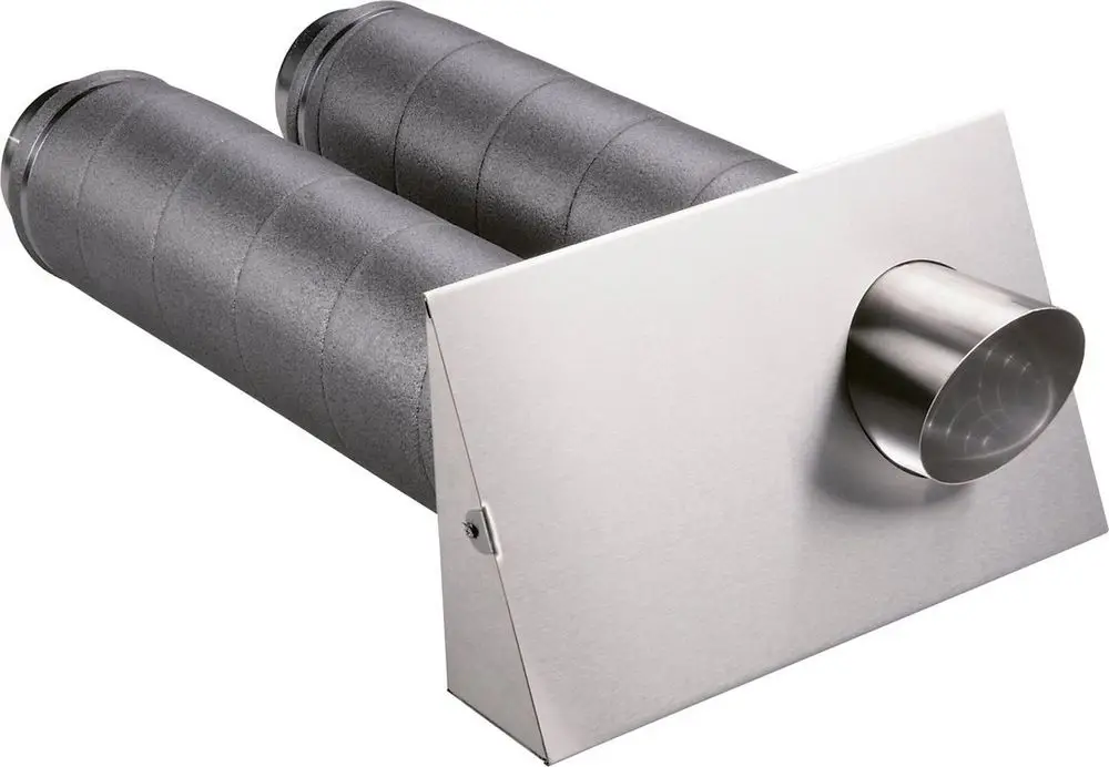 Außen- und Fortluftelement von Bosch mit zwei runden Rohren und einer Metallplatte, die eine Auslassöffnung hat. Das Element ist in einem schlichten Design gehalten.
